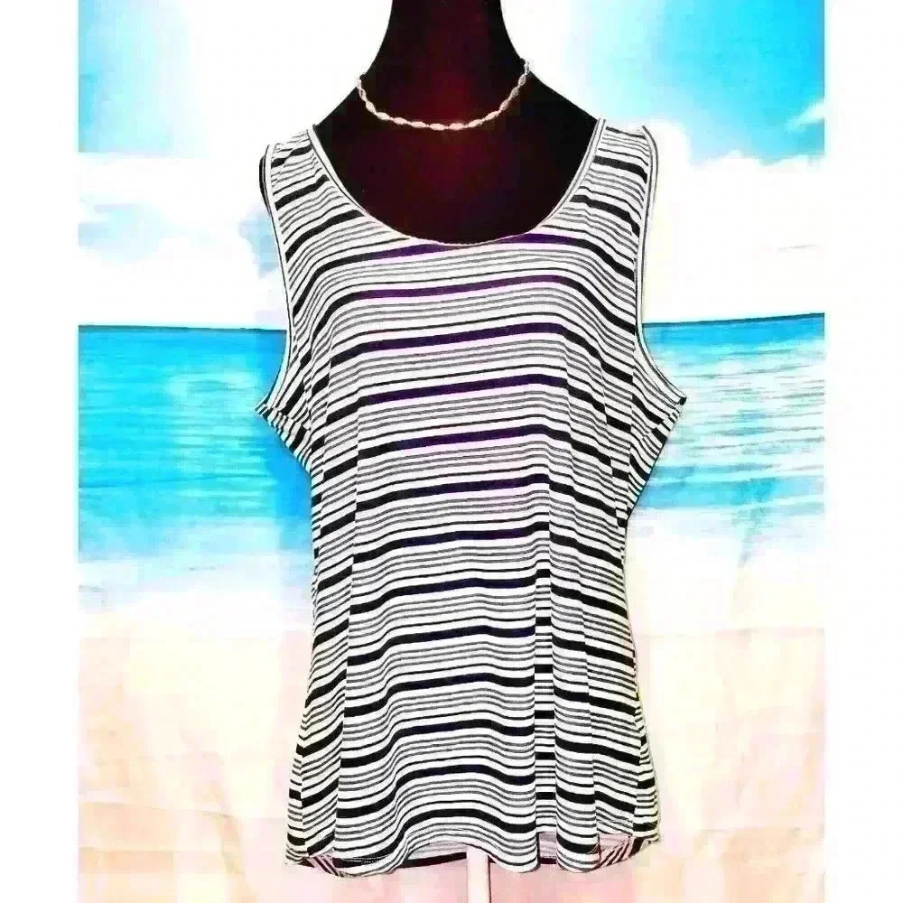 DEREK HEART PLUS Womans STRETCH Knit shirt BLUE and WHITE Stripes size 3x 24/26